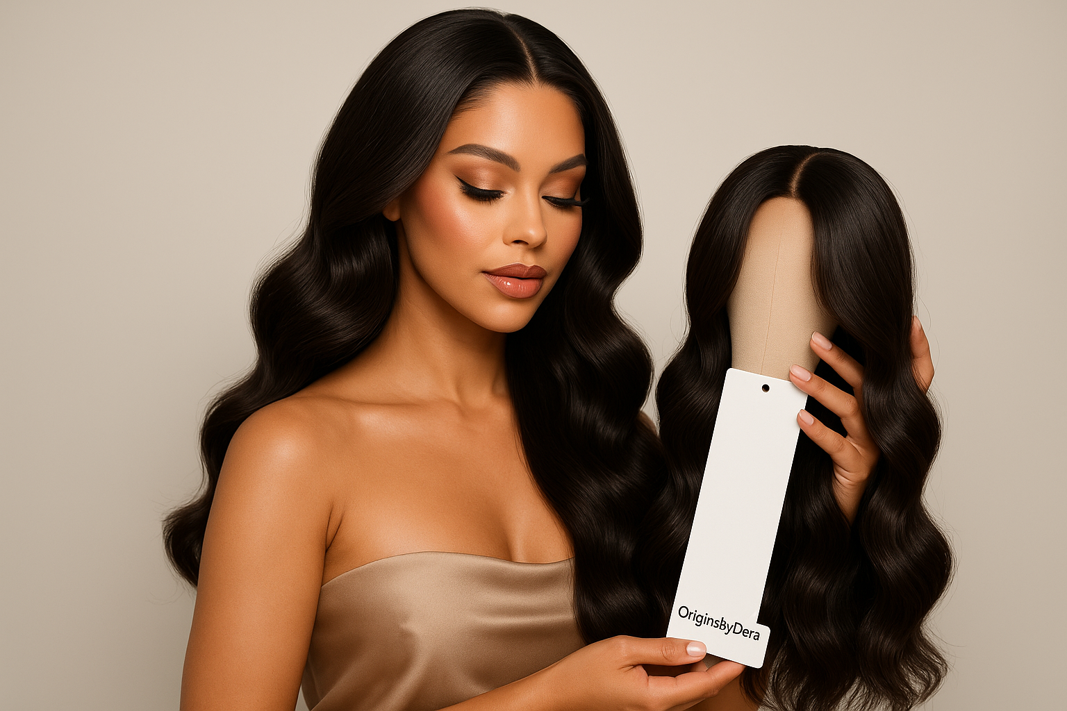 beautiful model wearing and holding a branded originsbydera wig