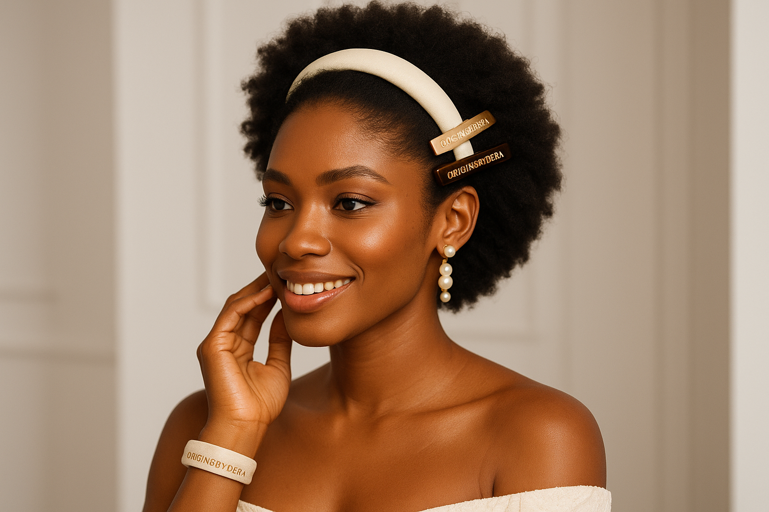 generate a model showcasing branded originsbydera hair accessories preferably nigerian model